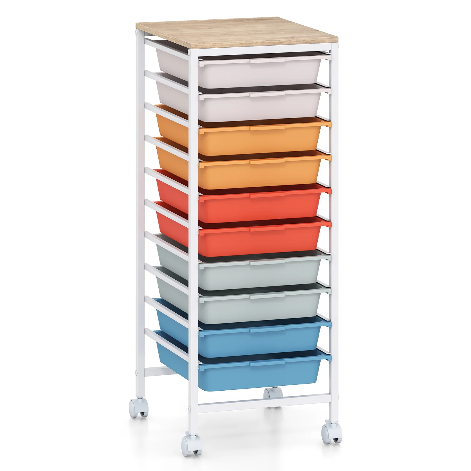 10-Drawer Rolling Storage Cart, Mobile Utility Organizer, Wooden Tabletop, Lockable Wheels, Macaron - Image 4