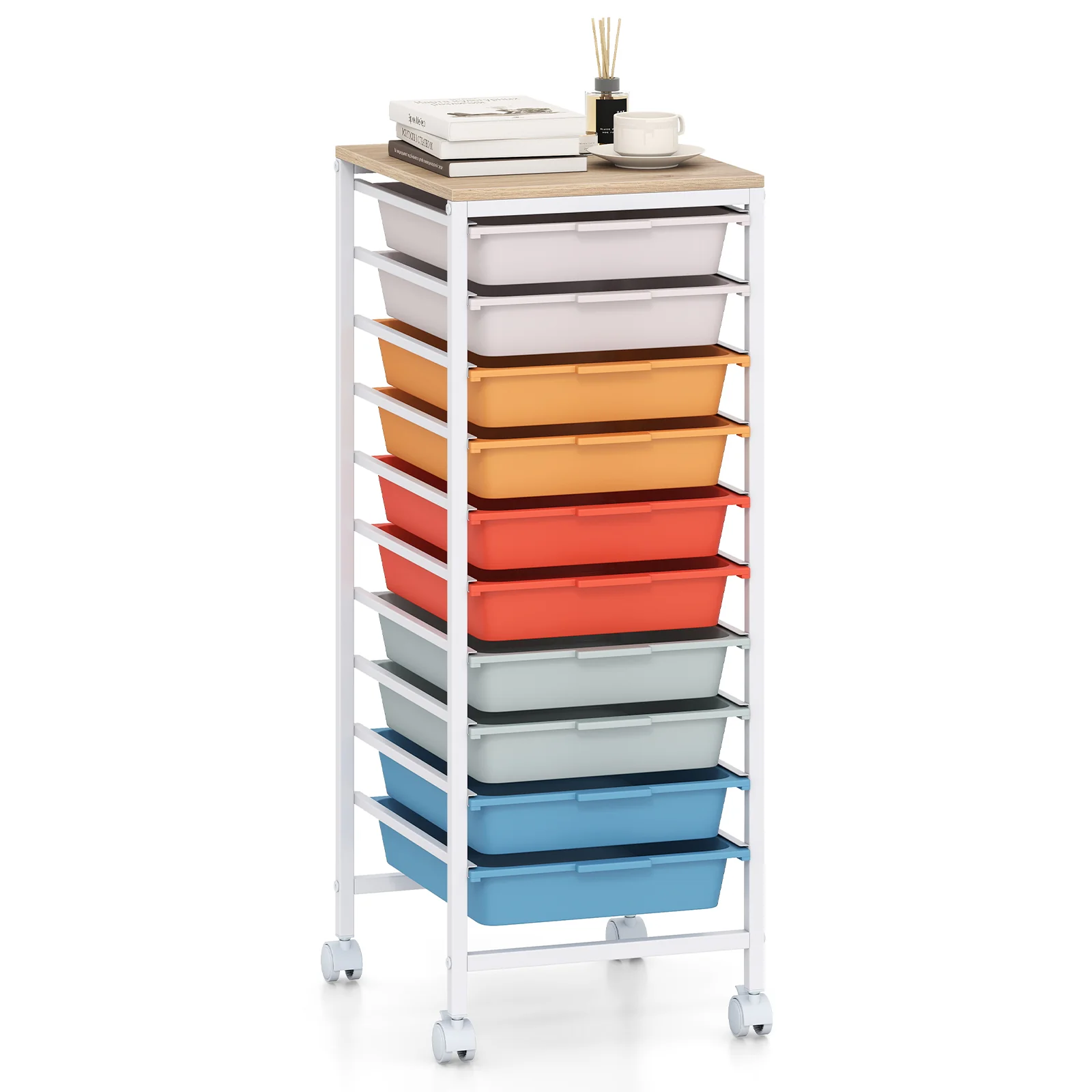 10-Drawer Rolling Storage Cart, Mobile Utility Organizer, Wooden Tabletop, Lockable Wheels, Macaron - Image 5