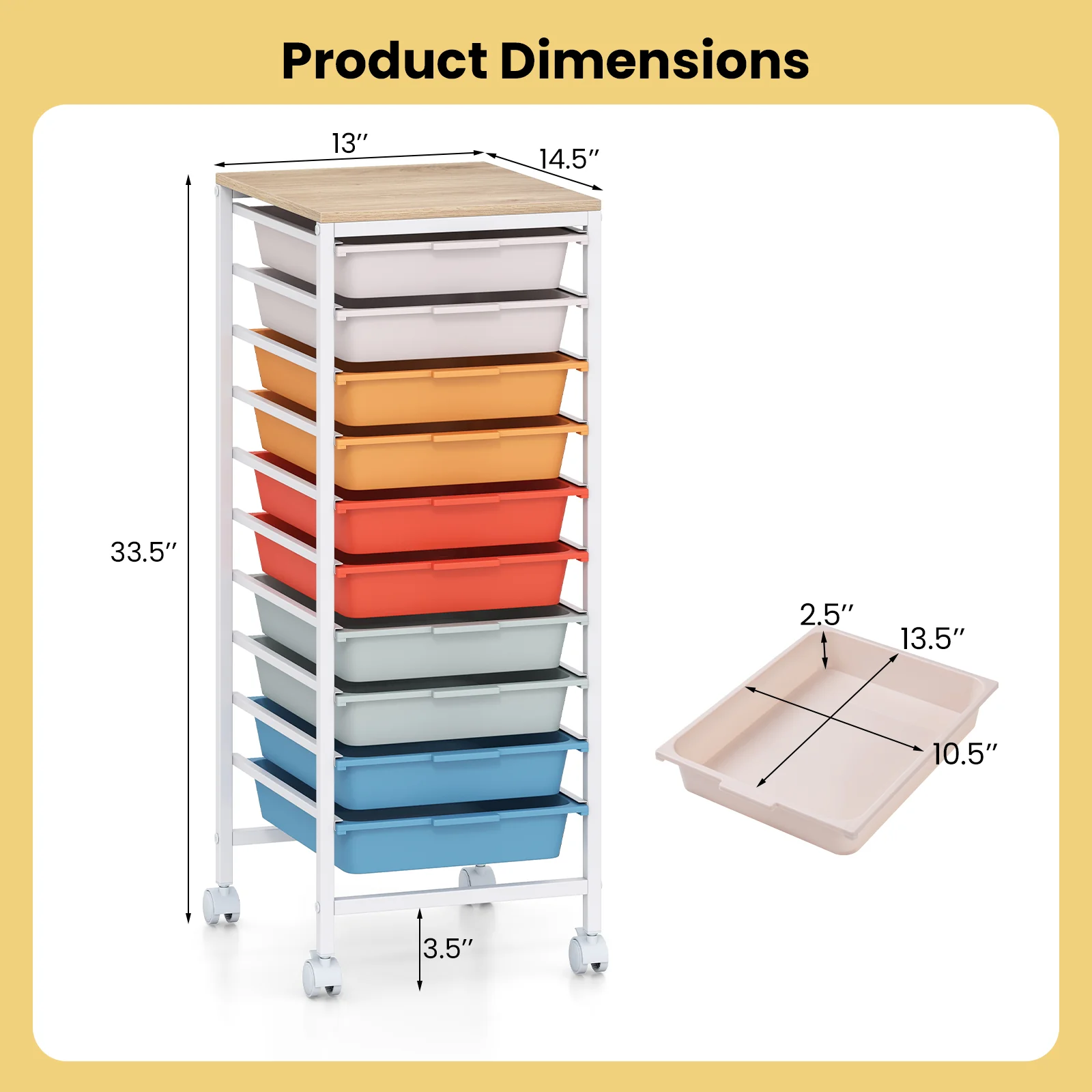 10-Drawer Rolling Storage Cart, Mobile Utility Organizer, Wooden Tabletop, Lockable Wheels, Macaron - Image 6