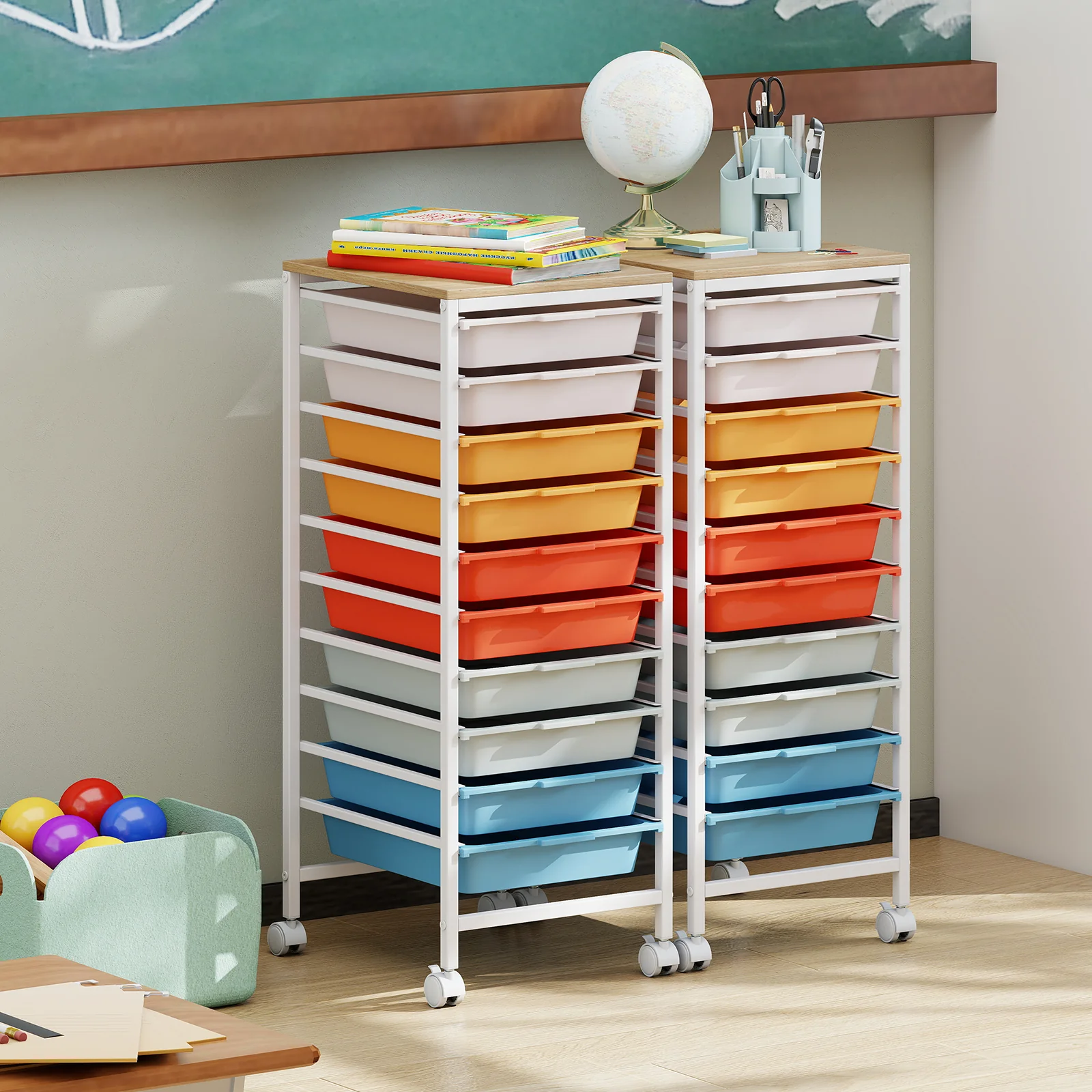 10-Drawer Rolling Storage Cart, Mobile Utility Organizer, Wooden Tabletop, Lockable Wheels, Macaron - Image 7