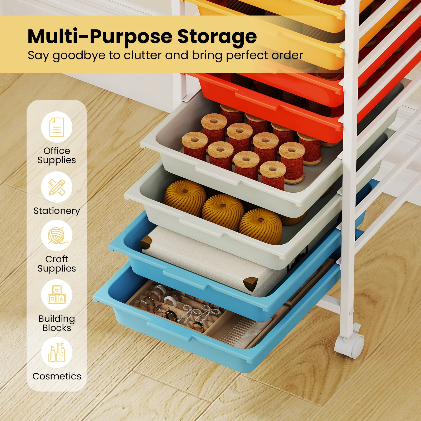 10-Drawer Rolling Storage Cart, Mobile Utility Organizer, Wooden Tabletop, Lockable Wheels, Macaron - Image 9