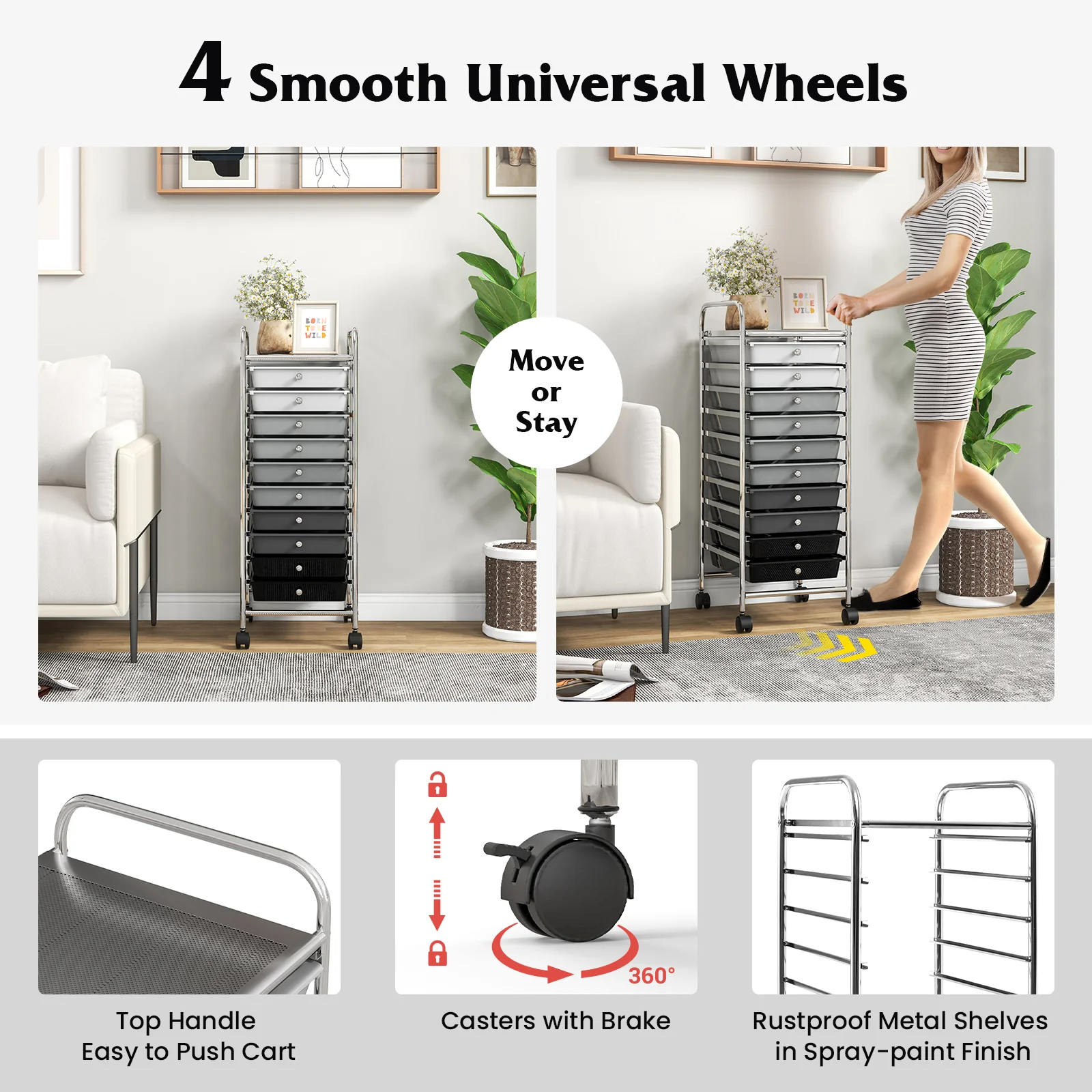 10 Drawer Rolling Storage Cart Organizer, Gradient, Gray - Image 8