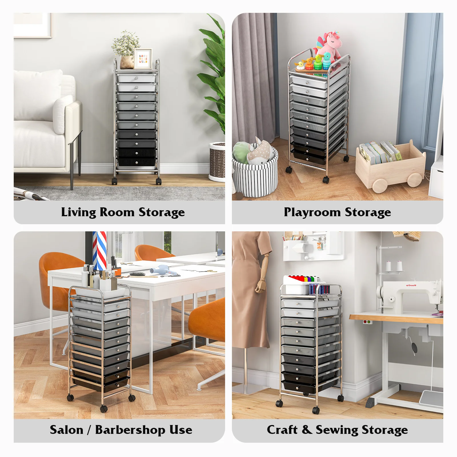 10 Drawer Rolling Storage Cart Organizer, Gradient, Gray - Image 9