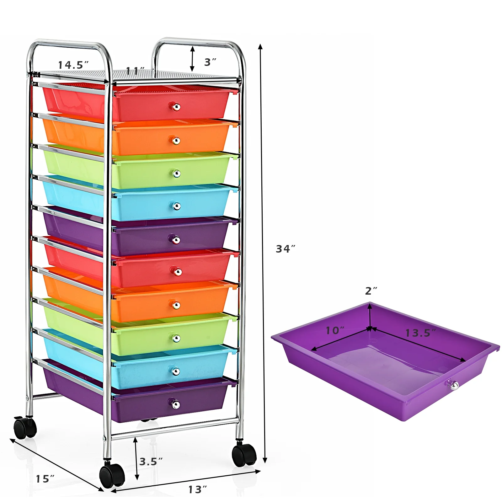 10 Drawer Rolling Storage Cart Organizer, Multicolor - Image 6