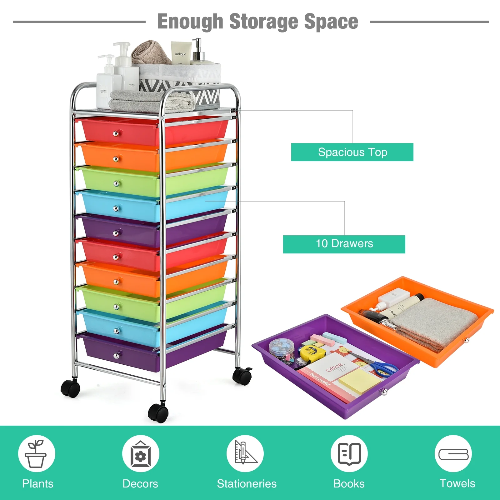 10 Drawer Rolling Storage Cart Organizer, Multicolor - Image 9