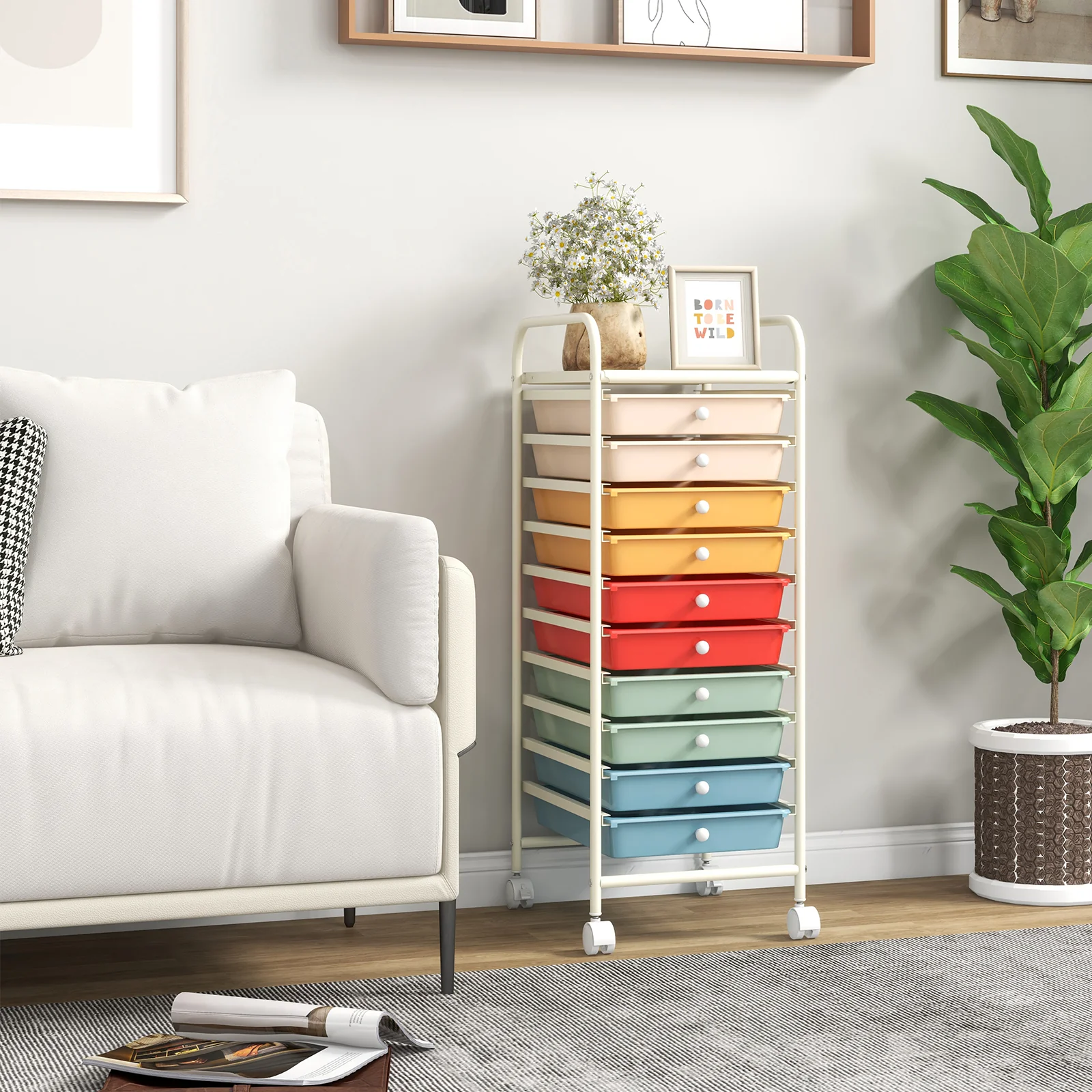 10 Drawer Rolling Storage Cart Organizer, Multicolor, Macaron - Image 2