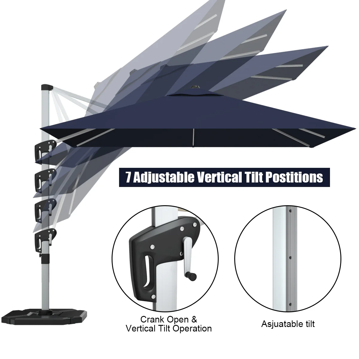 10 Feet 360° Tilt Aluminum Square Patio Umbrella, Navy - Image 10
