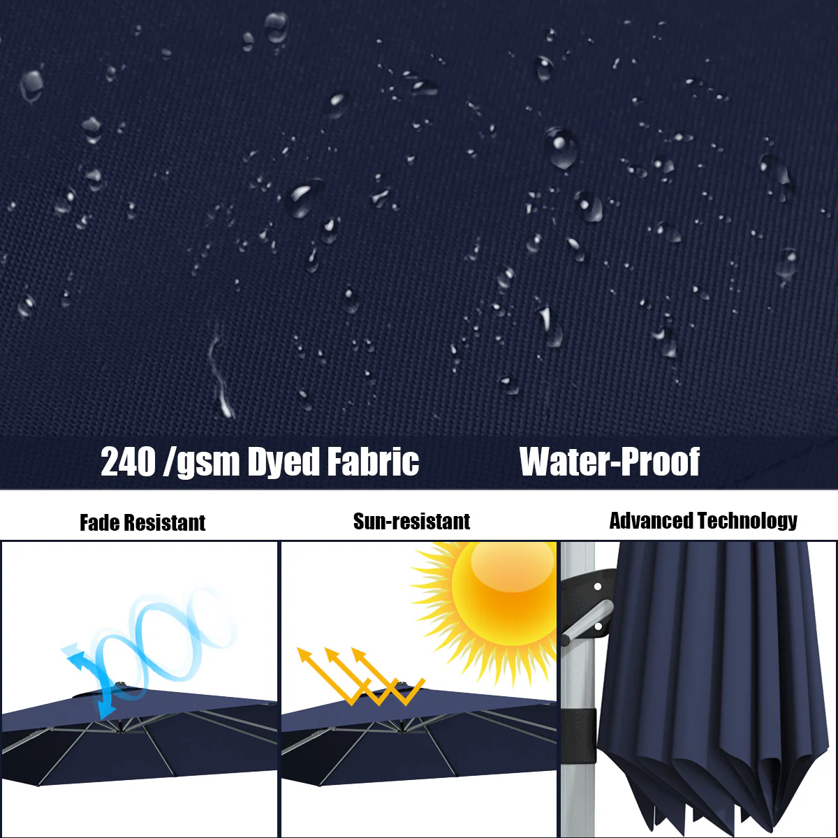 10 Feet 360° Tilt Aluminum Square Patio Umbrella, Navy - Image 7