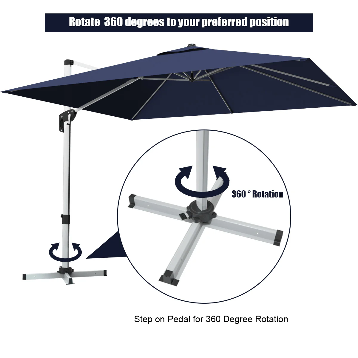10 Feet 360° Tilt Aluminum Square Patio Umbrella, Navy - Image 8