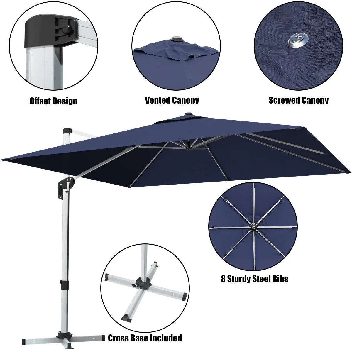 10 Feet 360° Tilt Aluminum Square Patio Umbrella, Navy - Image 9
