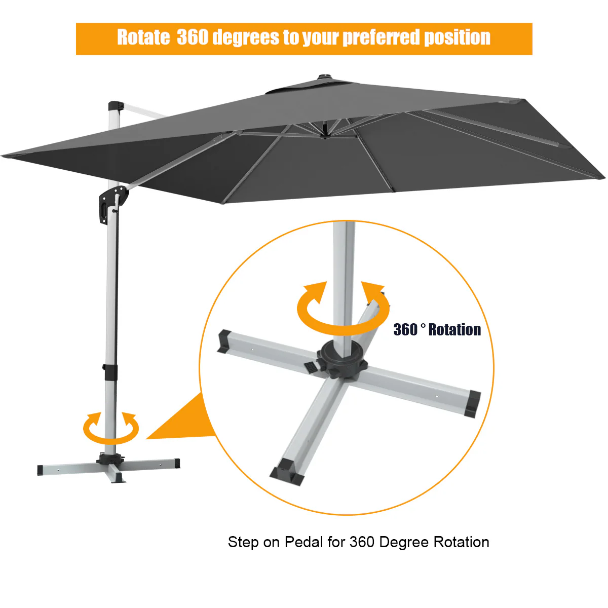 10 Feet Aluminum Square Patio Umbrella, 360° Tilt, Gray - Image 8