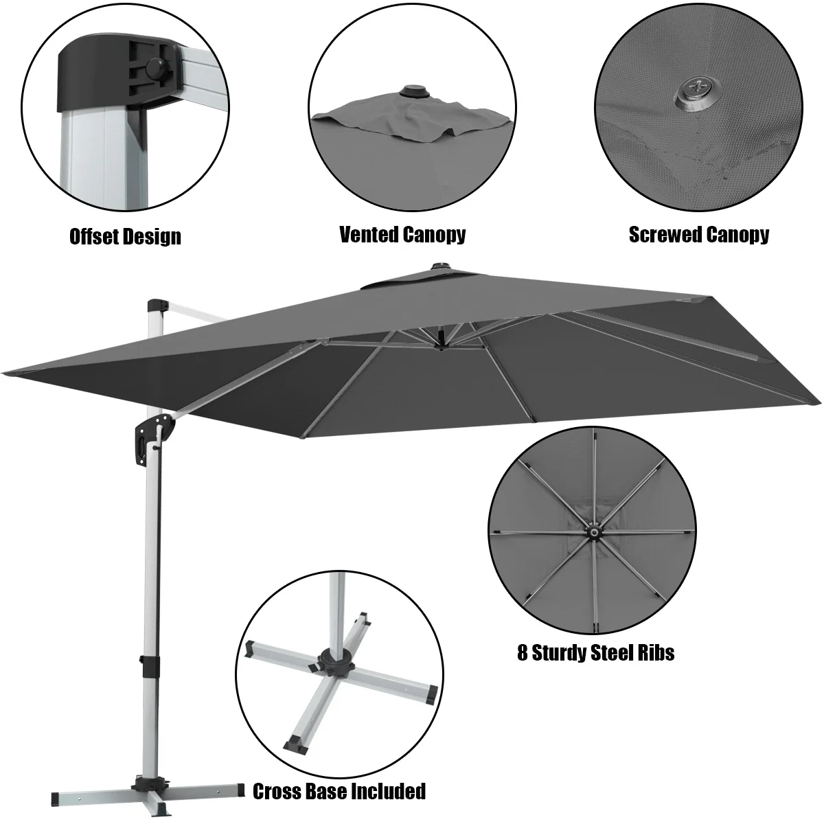 10 Feet Aluminum Square Patio Umbrella, 360° Tilt, Gray - Image 9
