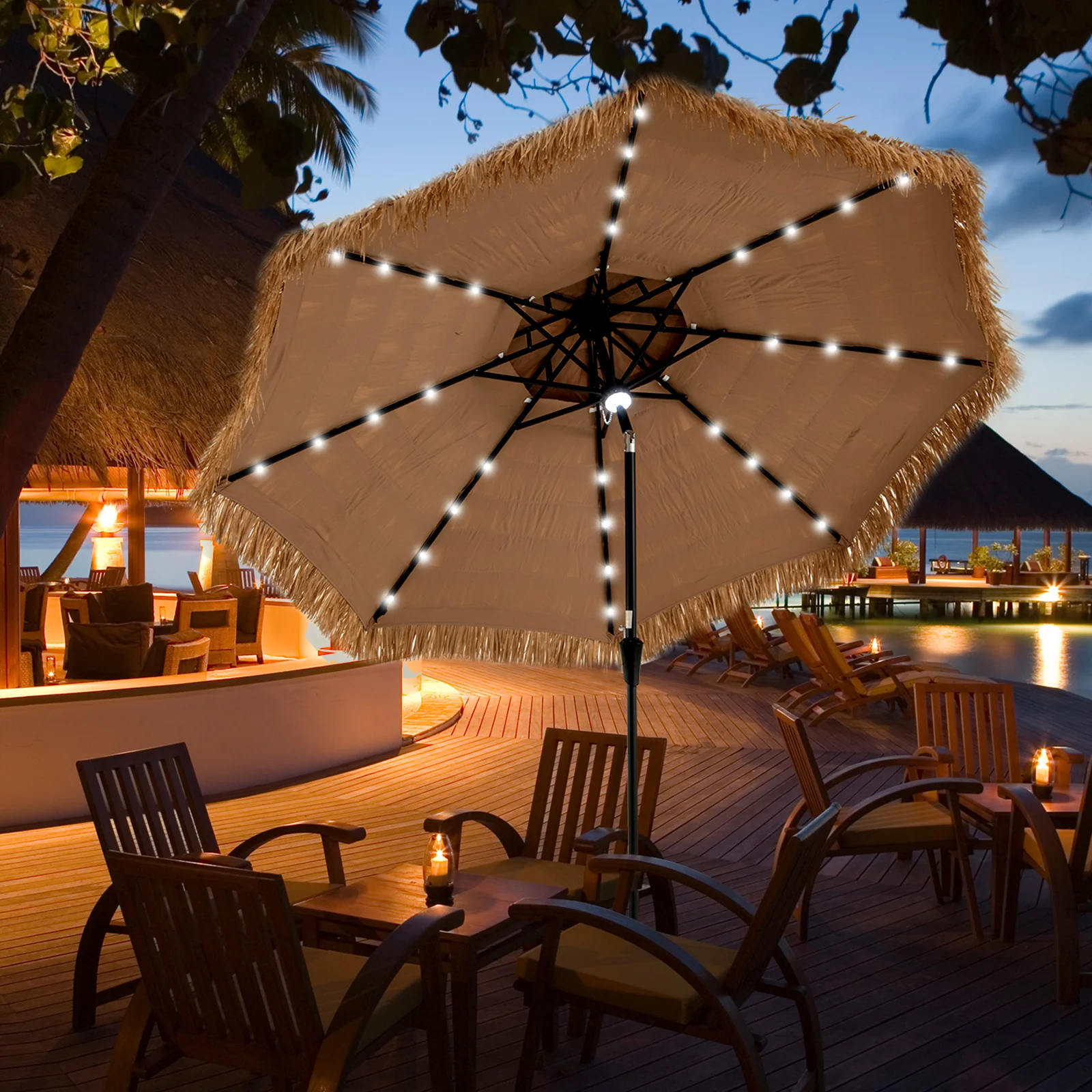 10 Feet Hawaiian Solar Lighted Tiki Patio Umbrella - Image 2