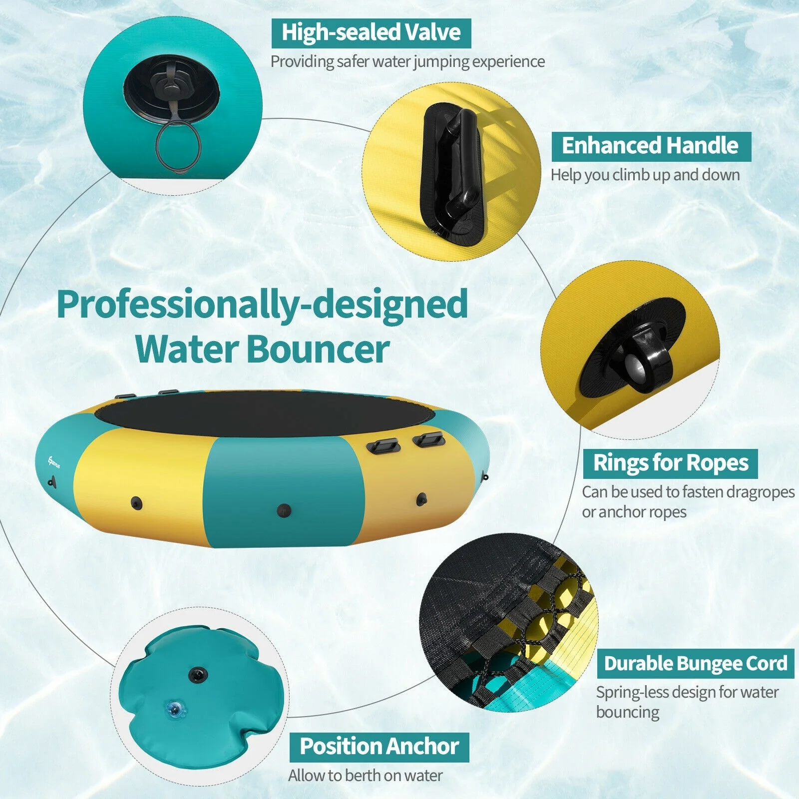 10 Feet Inflatable Splash Padded Water Bouncer Trampoline, Yellow - Image 10