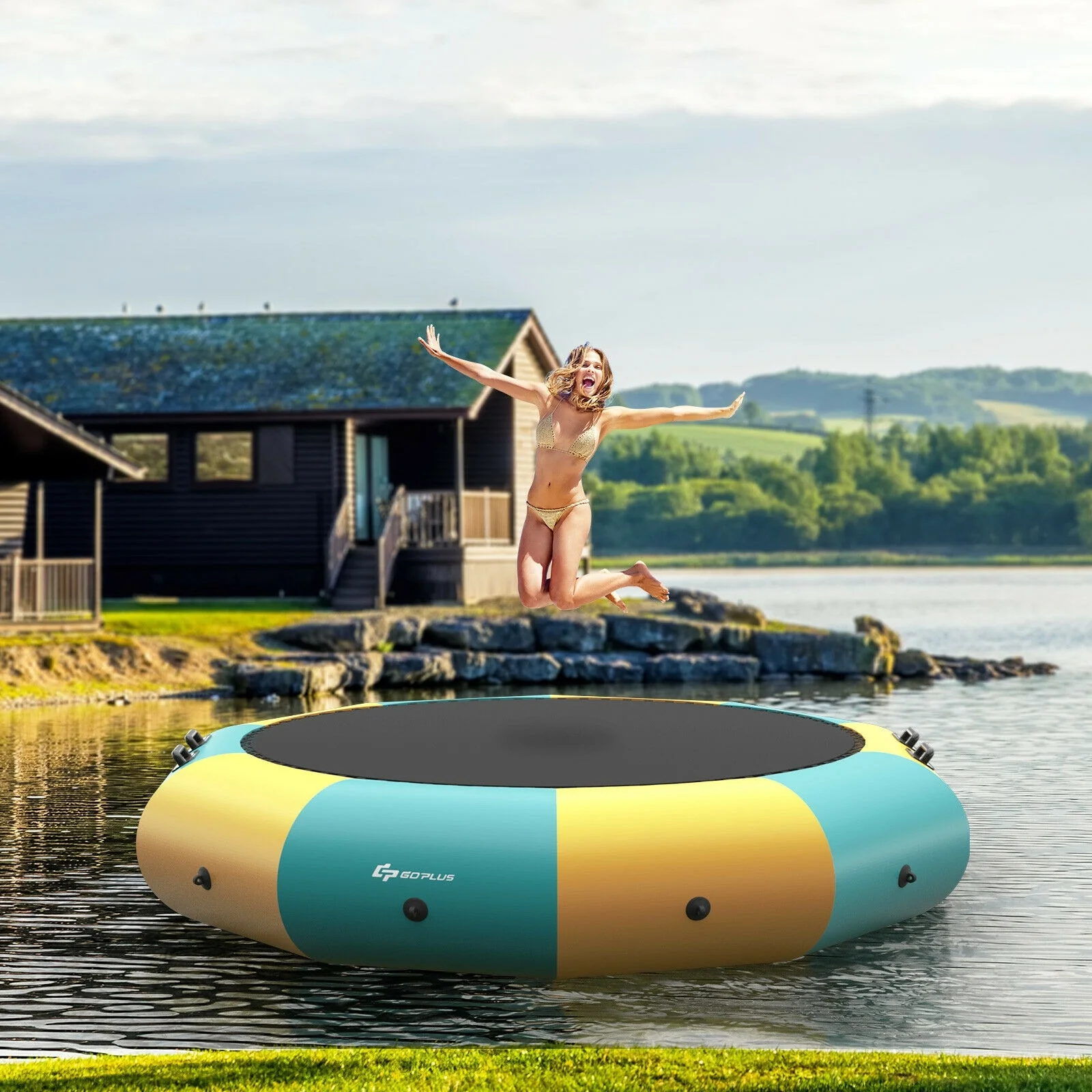 10 Feet Inflatable Splash Padded Water Bouncer Trampoline, Yellow - Image 2