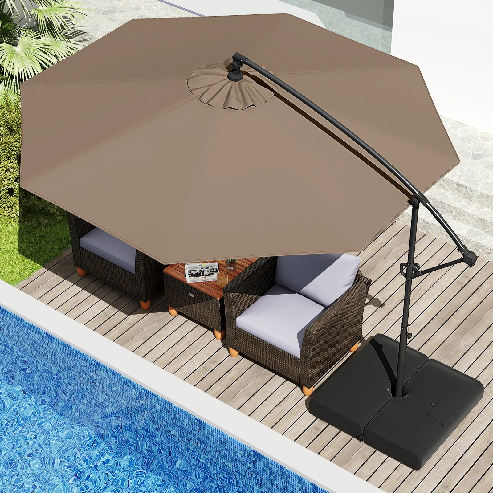 10 Feet Offset Hanging Patio Umbrella With Tilt, Taupe - Image 2