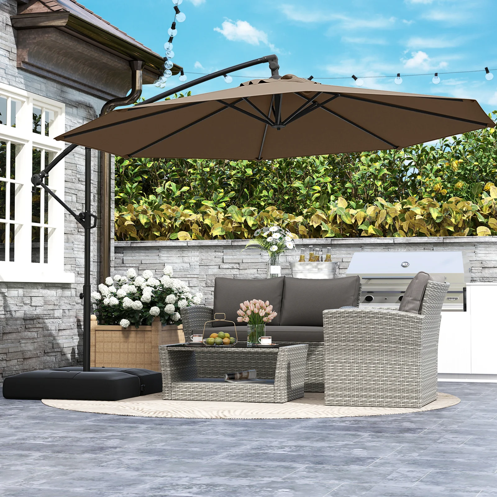 10 Feet Offset Hanging Patio Umbrella With Tilt, Taupe - Image 3