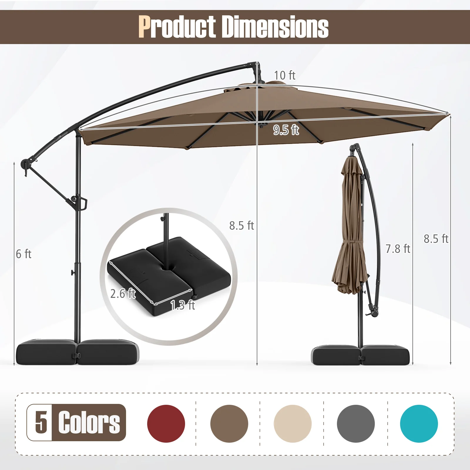 10 Feet Offset Hanging Patio Umbrella With Tilt, Taupe - Image 6