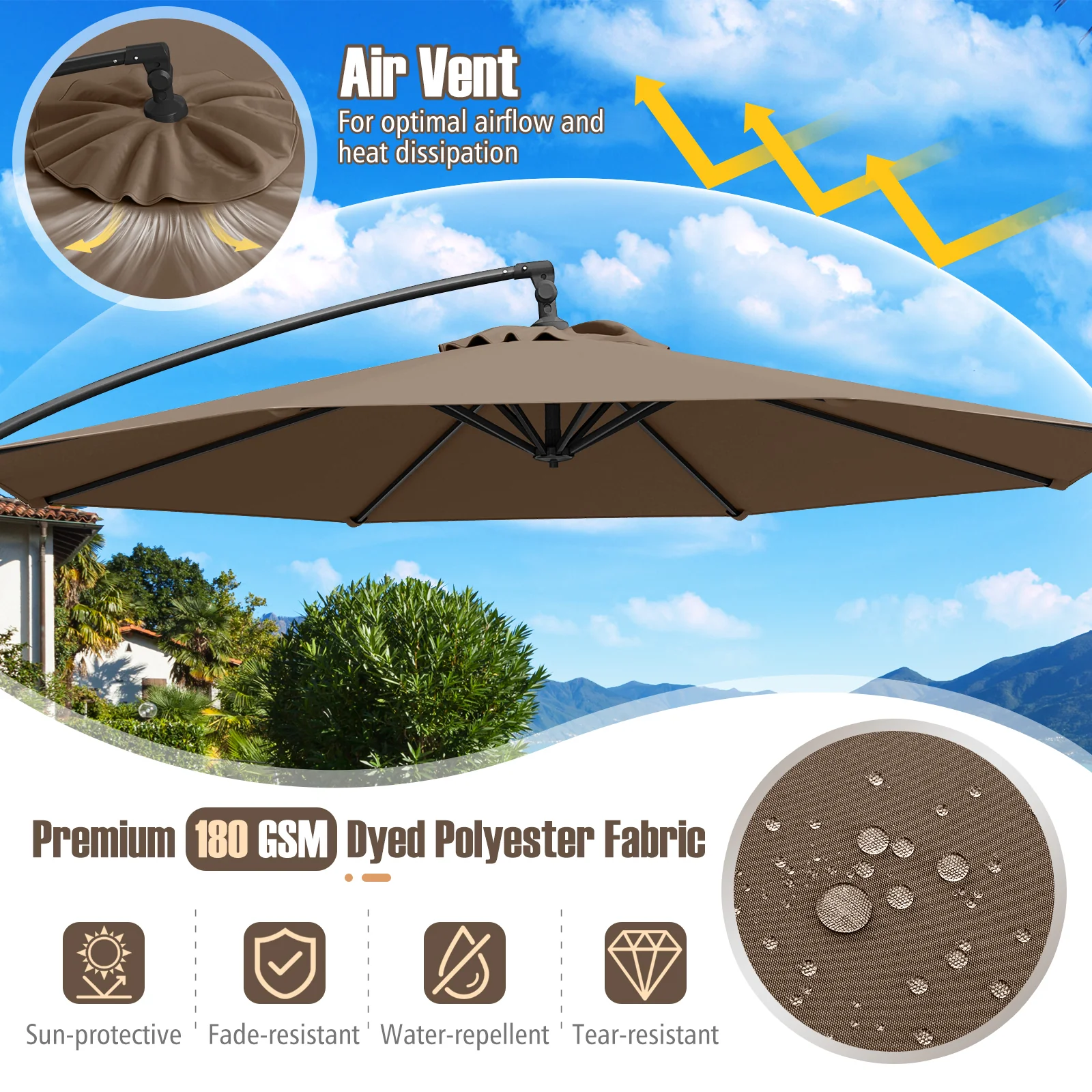 10 Feet Offset Hanging Patio Umbrella With Tilt, Taupe - Image 7