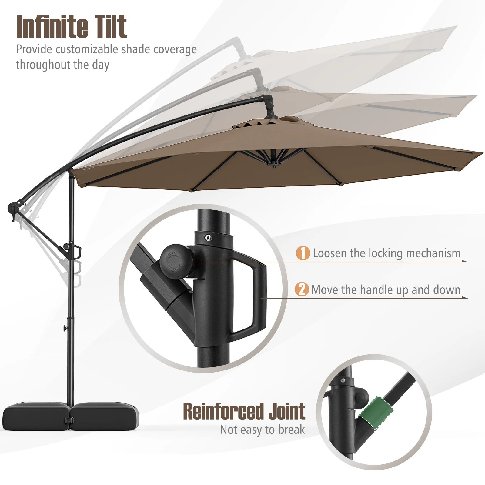 10 Feet Offset Hanging Patio Umbrella With Tilt, Taupe - Image 8