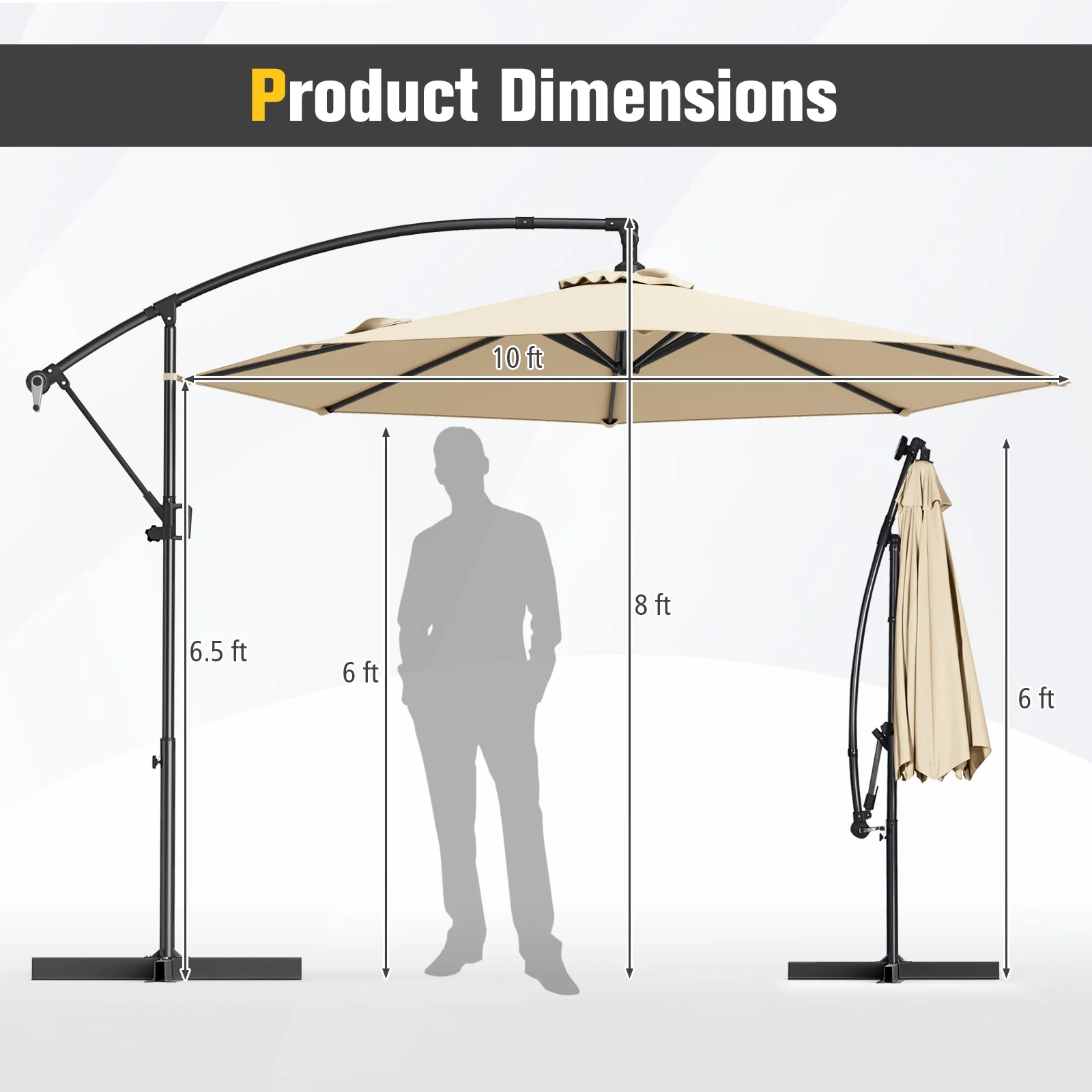 10 Feet Offset Hanging Umbrella, With Base And Infinite Tilt, Beige - Image 6