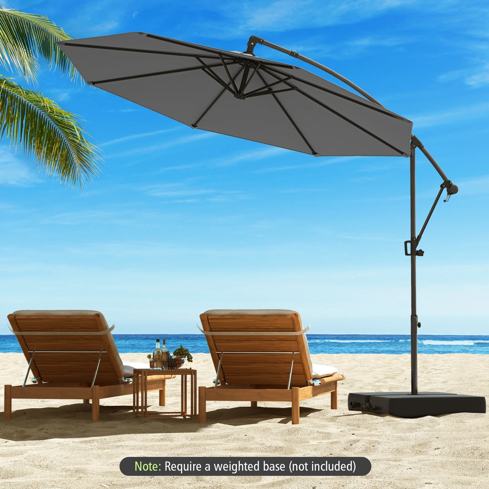 10 Feet Offset Hanging Umbrella, With Base And Tilt, Gray - Image 3