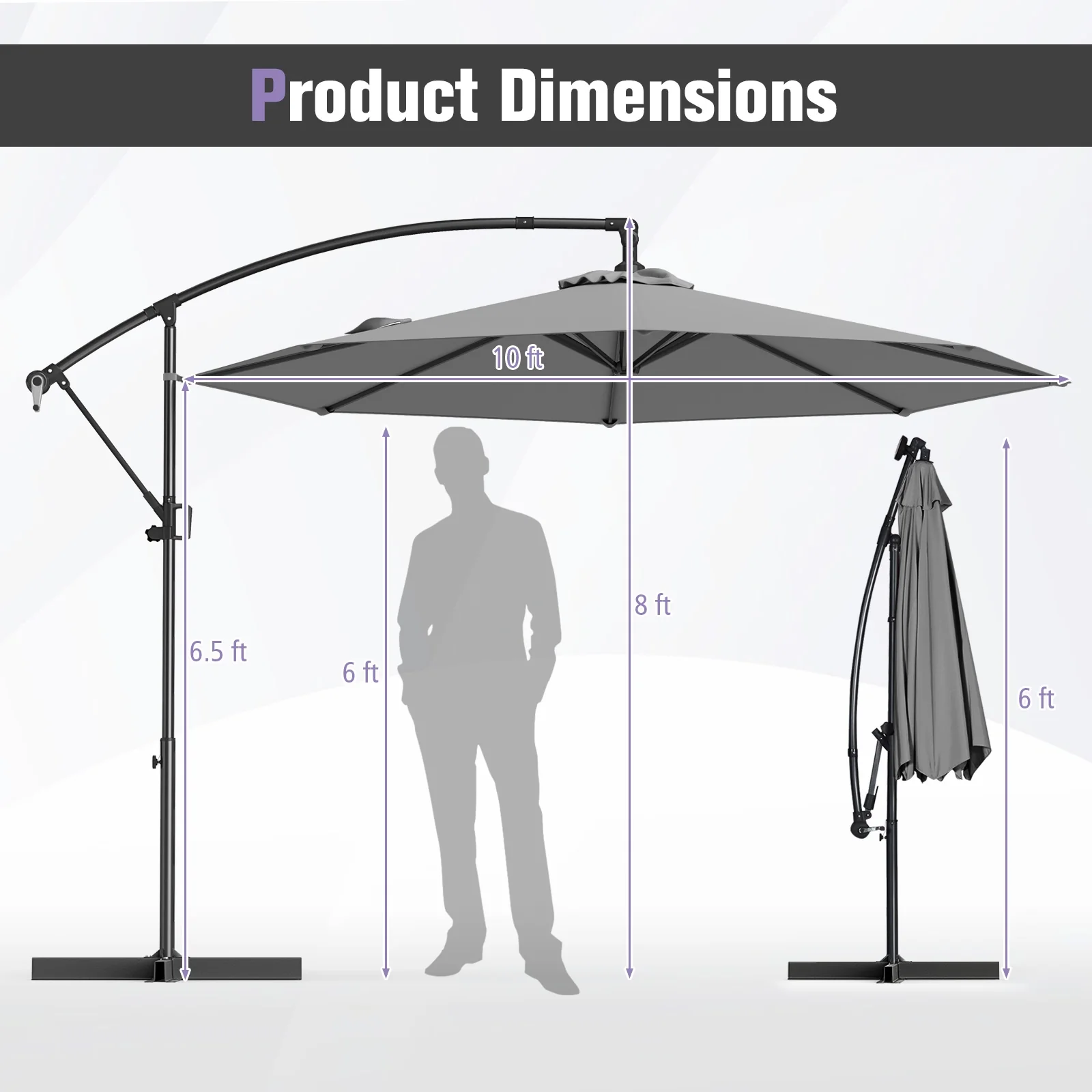 10 Feet Offset Hanging Umbrella, With Base And Tilt, Gray - Image 6