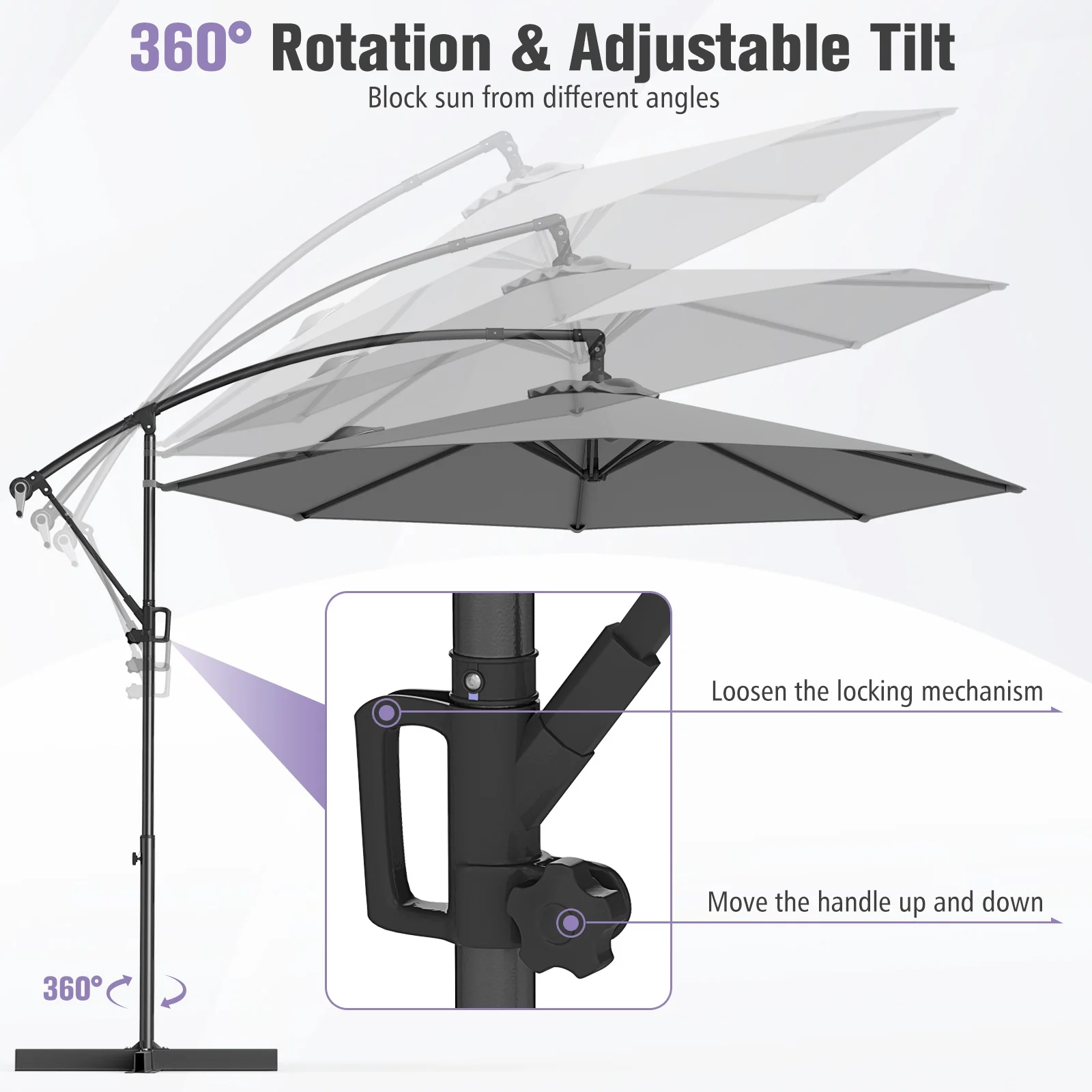 10 Feet Offset Hanging Umbrella, With Base And Tilt, Gray - Image 8