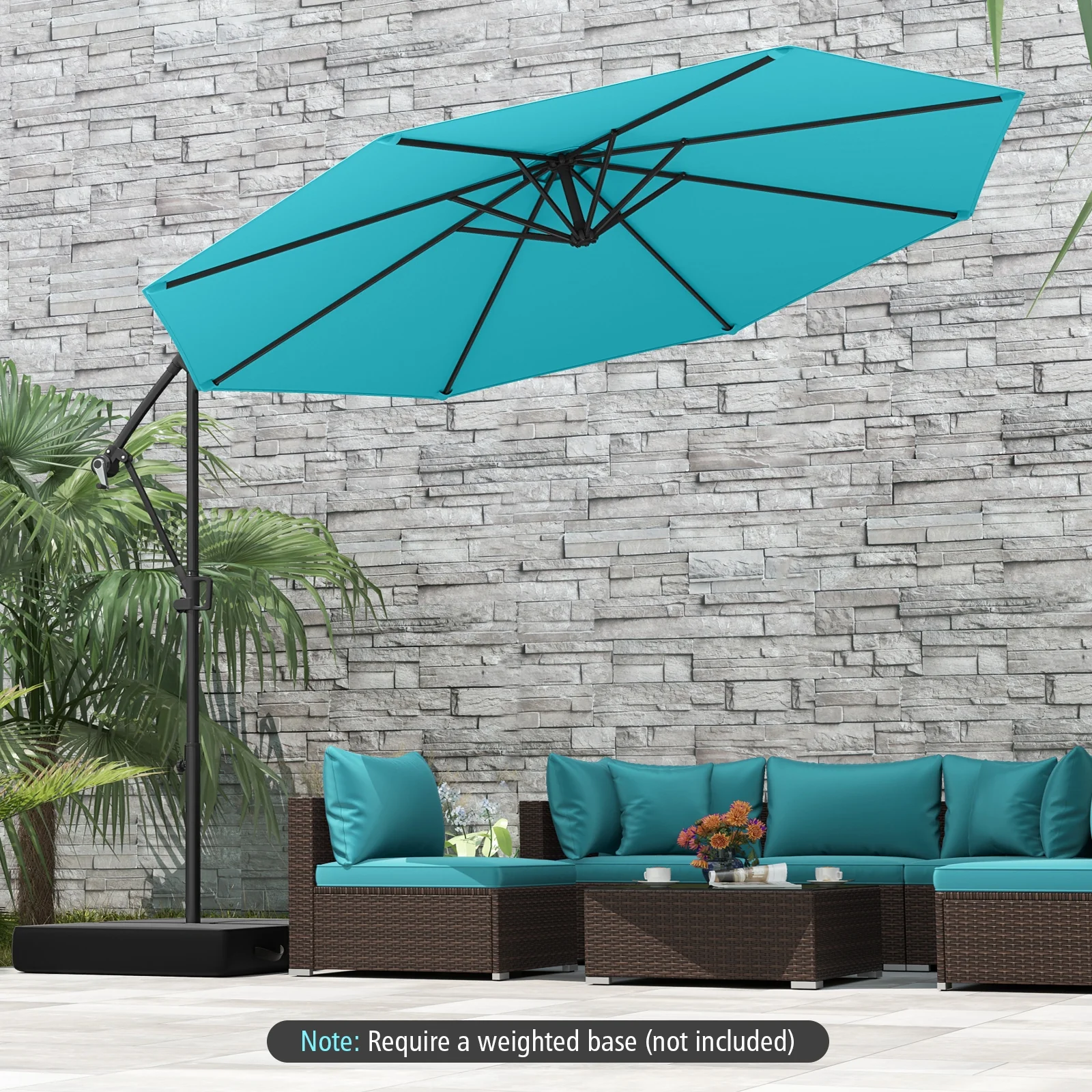 10 Feet Offset Hanging Umbrella, With Base And Tilt, Turquoise - Image 2