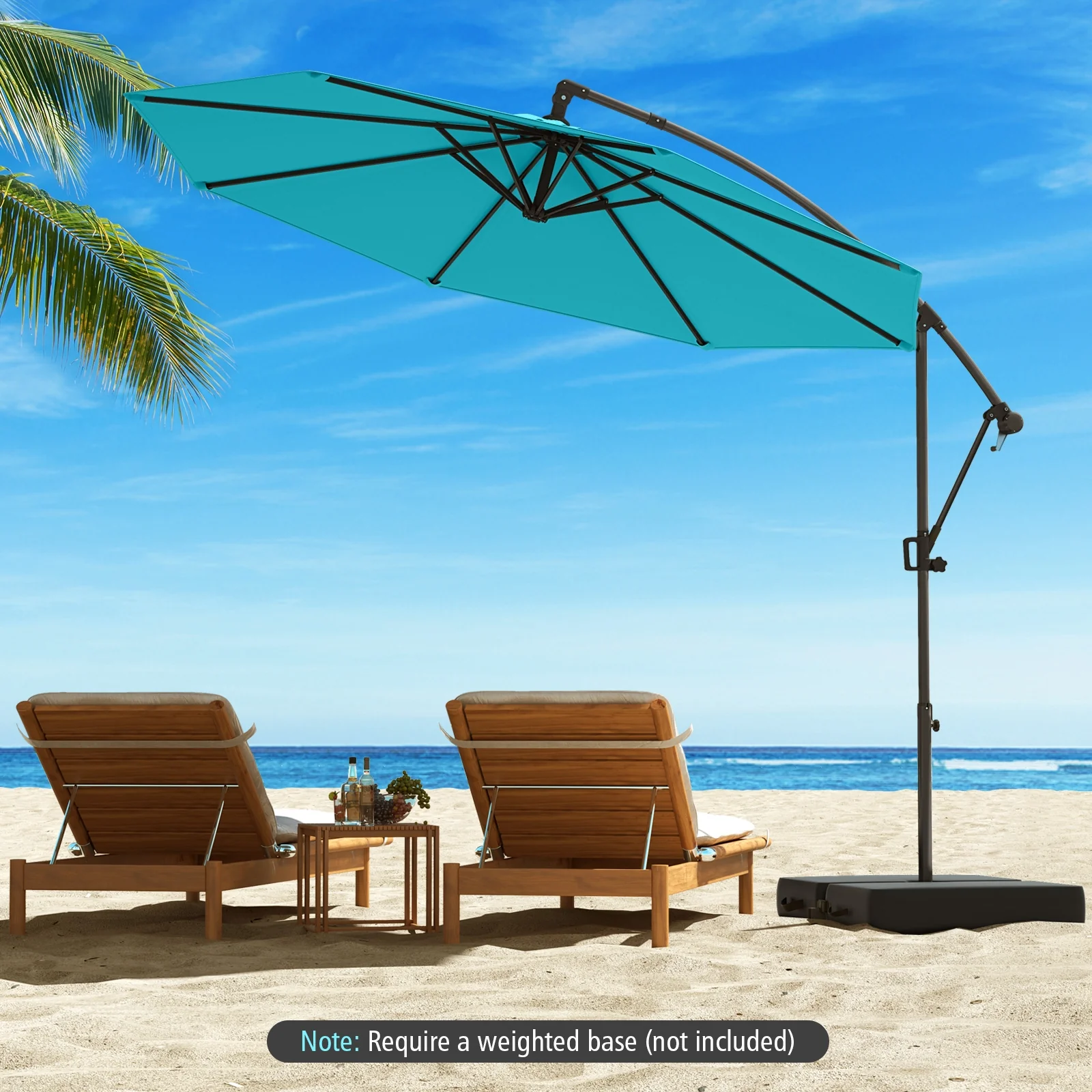 10 Feet Offset Hanging Umbrella, With Base And Tilt, Turquoise - Image 3