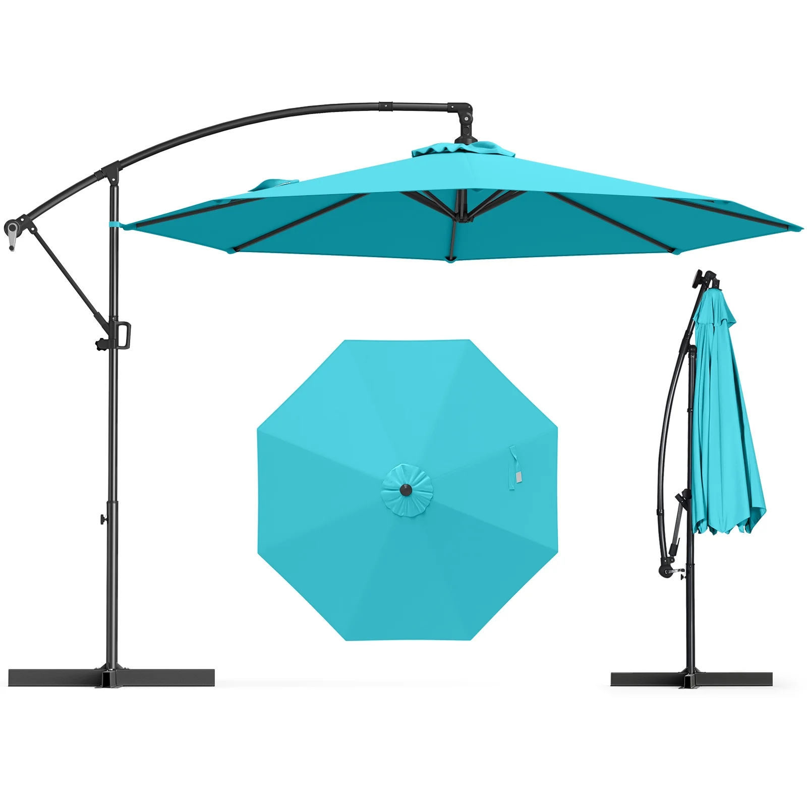 10 Feet Offset Hanging Umbrella, With Base And Tilt, Turquoise - Image 5