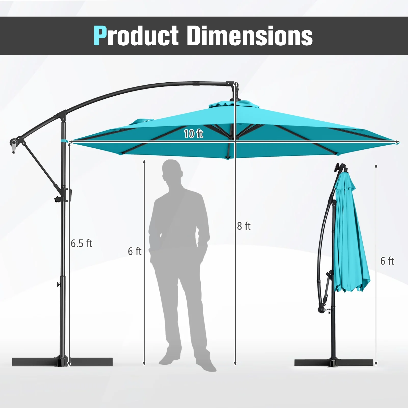 10 Feet Offset Hanging Umbrella, With Base And Tilt, Turquoise - Image 6