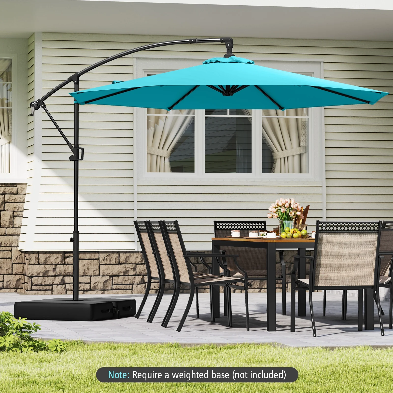 10 Feet Offset Hanging Umbrella, With Base And Tilt, Turquoise - Image 7