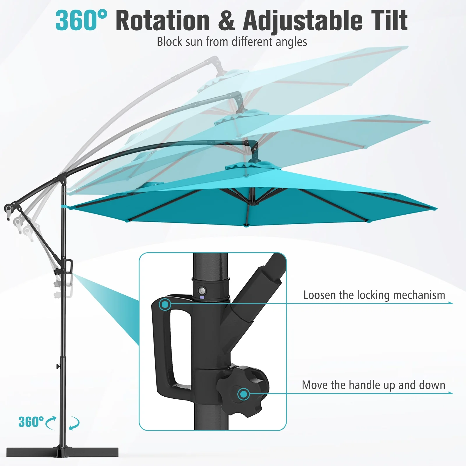 10 Feet Offset Hanging Umbrella, With Base And Tilt, Turquoise - Image 8