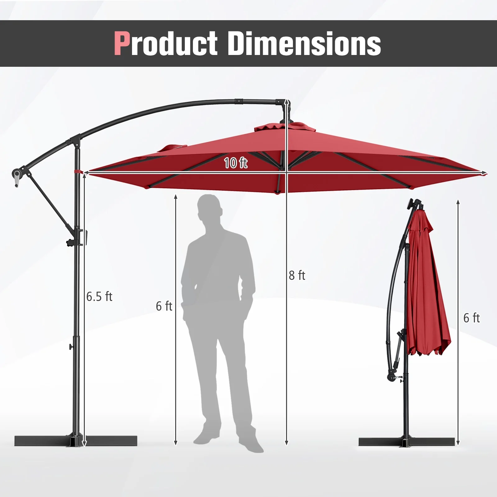 10 Feet Offset Hanging Umbrella, With Base And Tilt, Wine - Image 6
