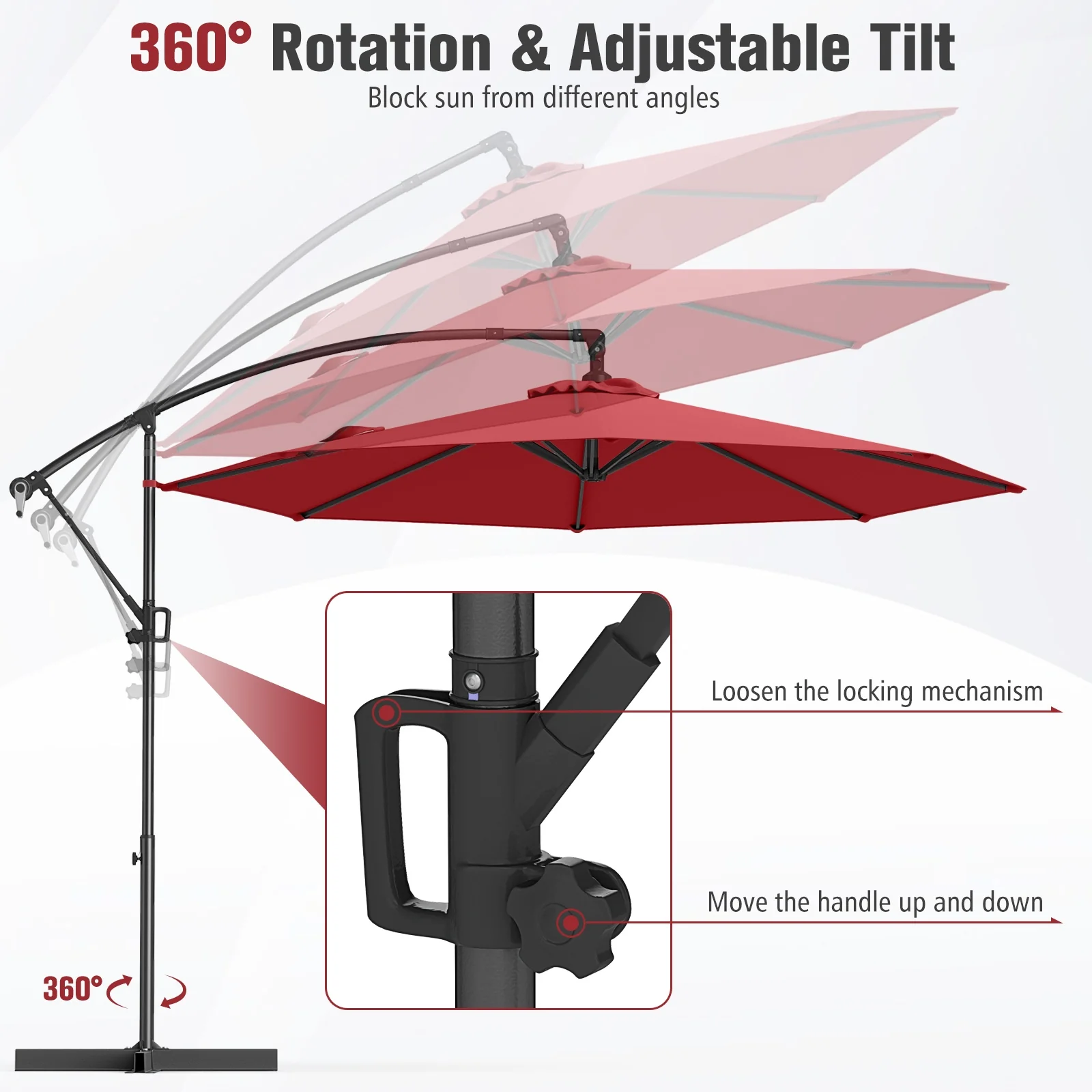 10 Feet Offset Hanging Umbrella, With Base And Tilt, Wine - Image 8