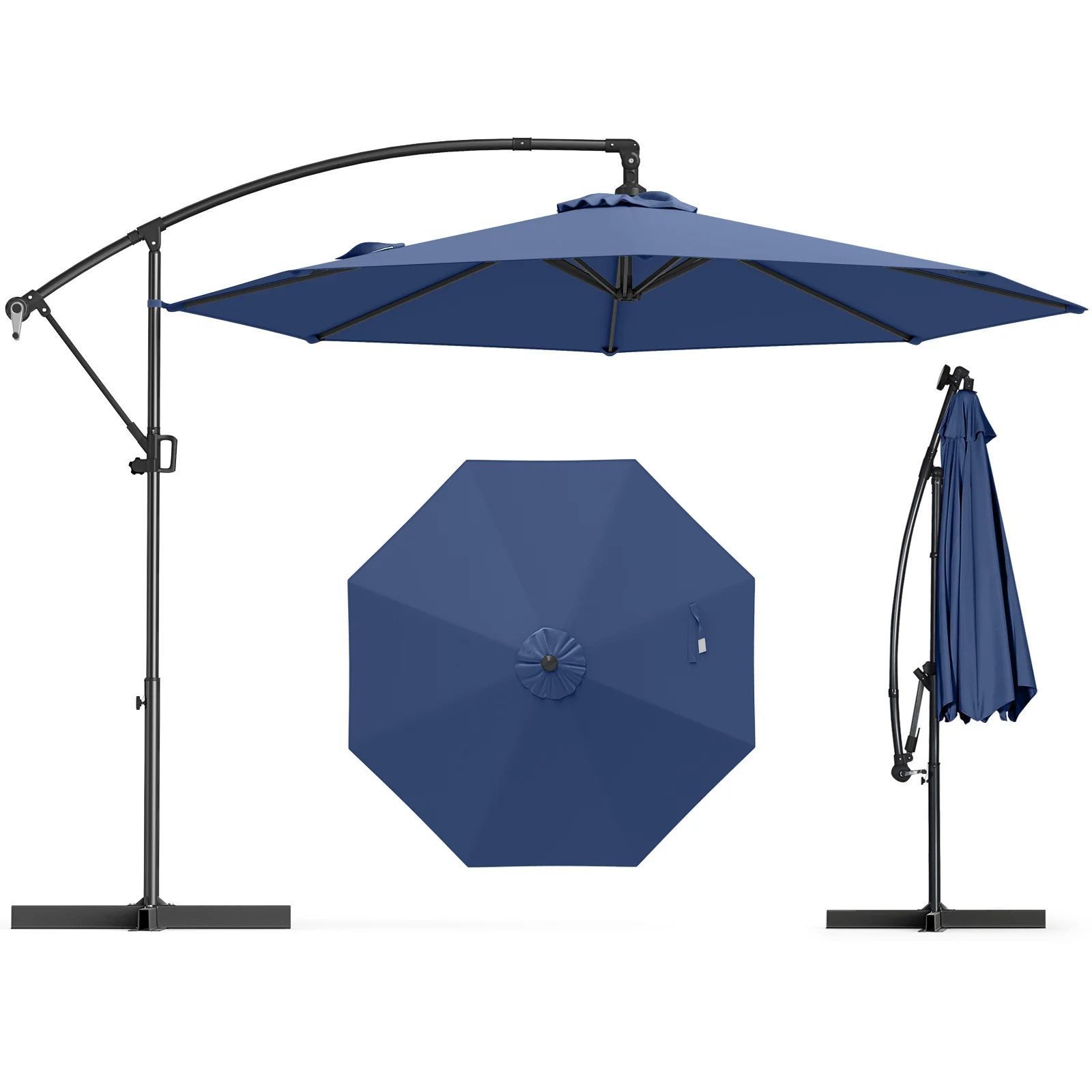 10 Feet Offset Hanging Umbrella With Base, Infinite Tilt, Navy - Image 5