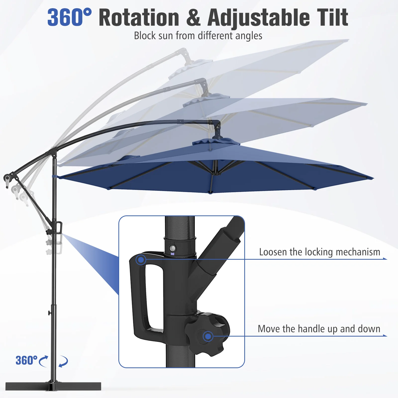 10 Feet Offset Hanging Umbrella With Base, Infinite Tilt, Navy - Image 8