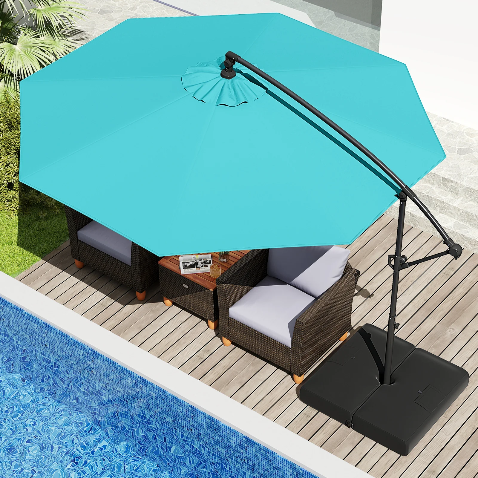 10 Feet Offset Hanging Umbrella With Tilt And Base, Turquoise - Image 2