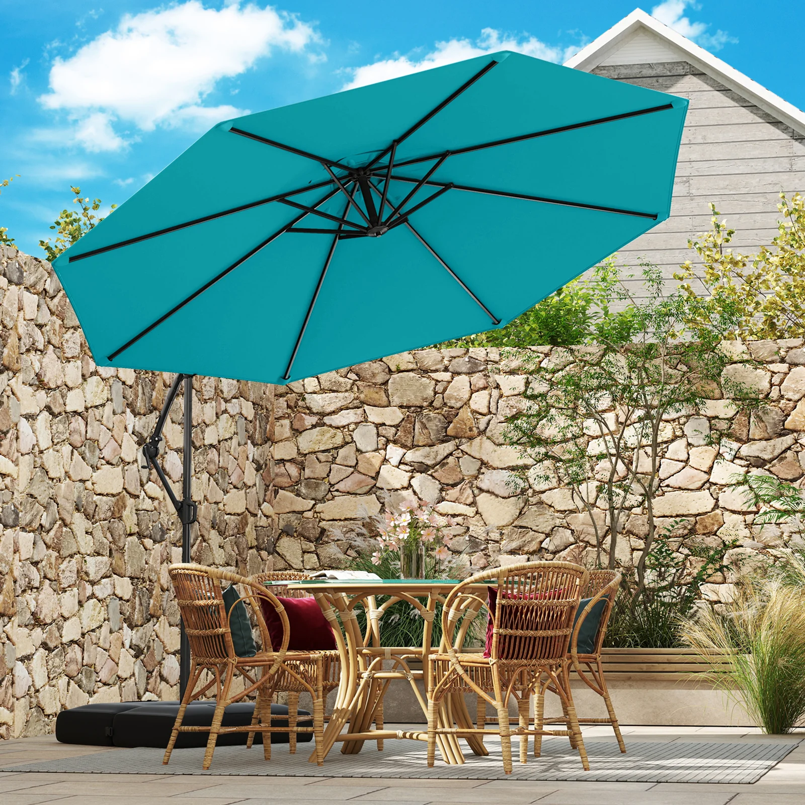 10 Feet Offset Hanging Umbrella With Tilt And Base, Turquoise - Image 3