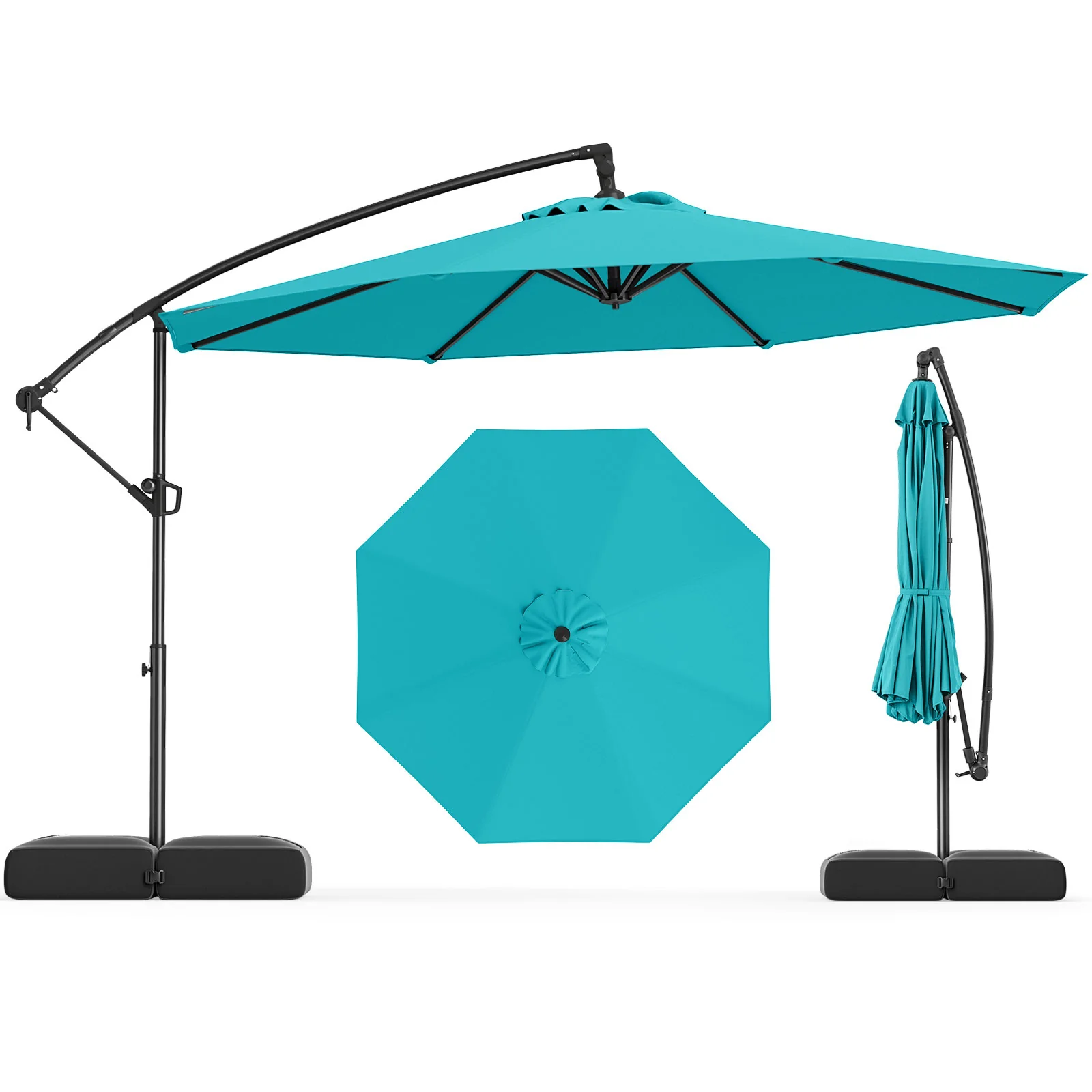 10 Feet Offset Hanging Umbrella With Tilt And Base, Turquoise - Image 4