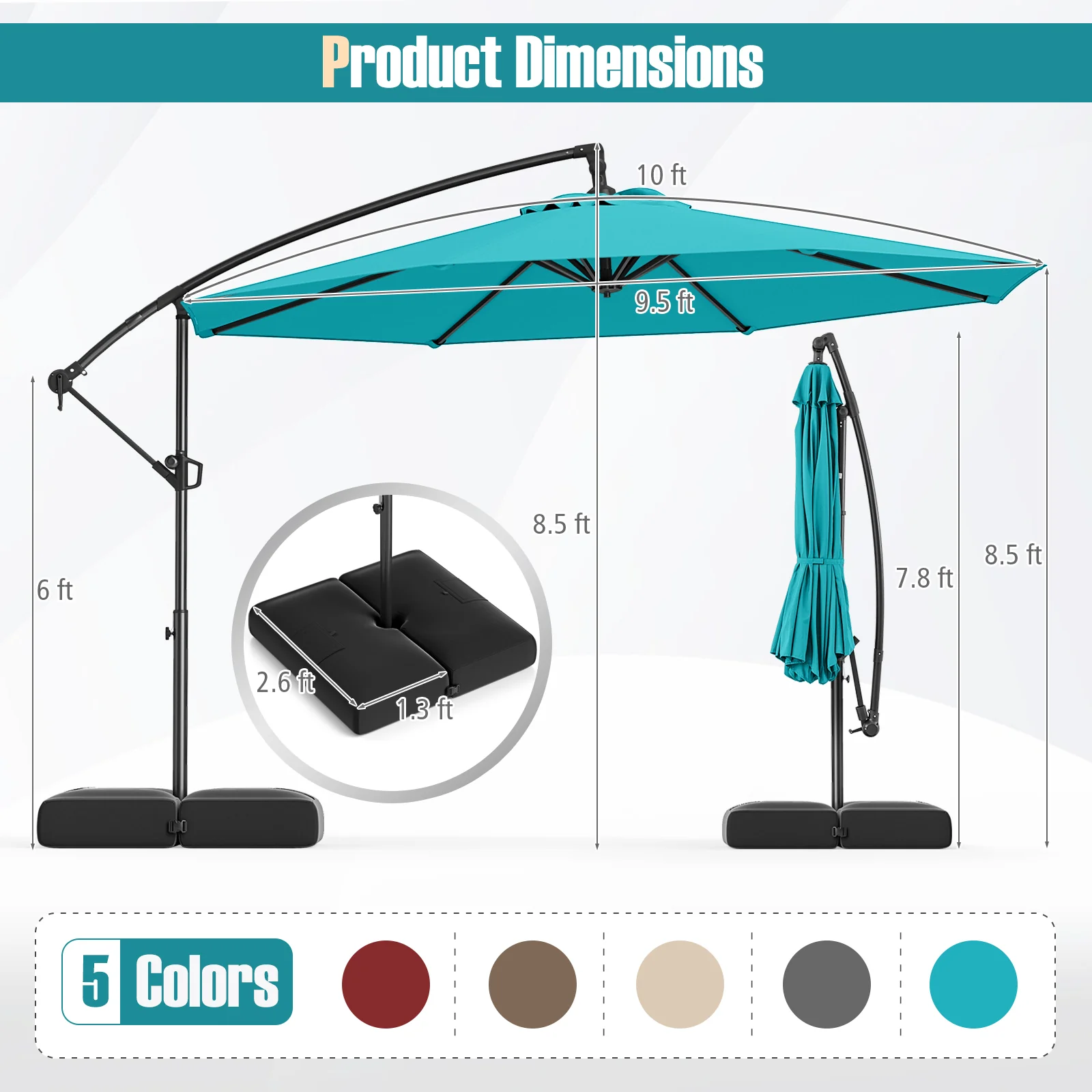 10 Feet Offset Hanging Umbrella With Tilt And Base, Turquoise - Image 6