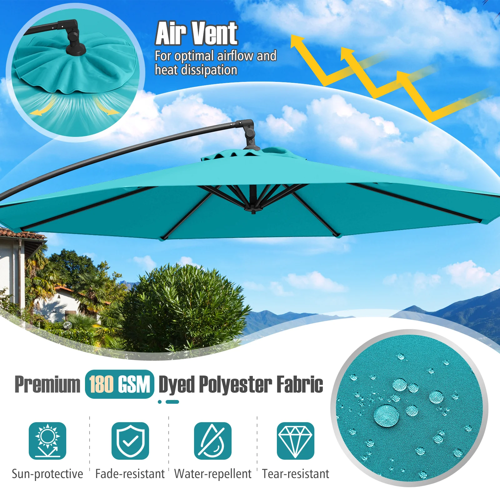 10 Feet Offset Hanging Umbrella With Tilt And Base, Turquoise - Image 8