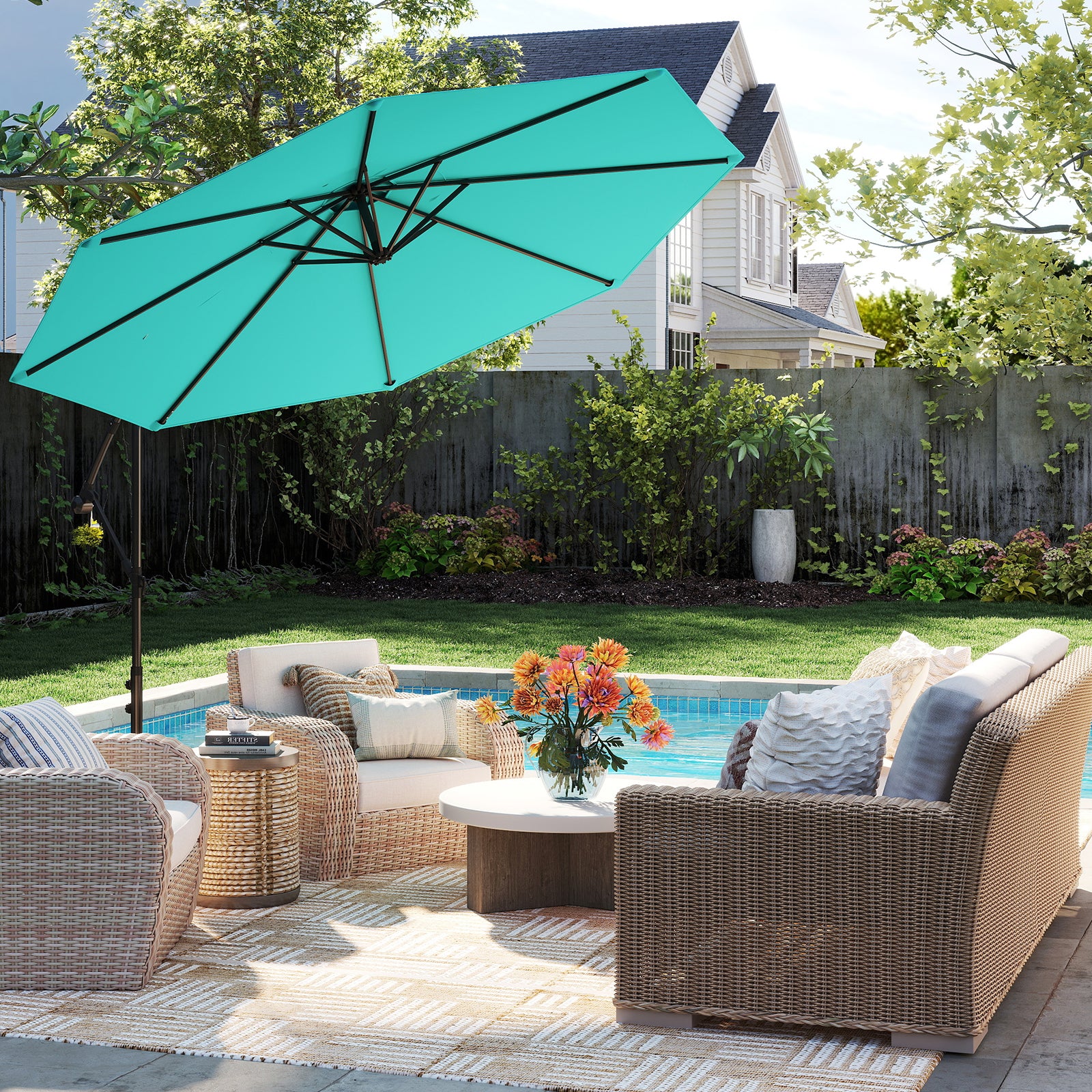 10 Feet Offset Umbrella, 8 Ribs, Cantilever Cross Base, Turquoise - Image 3
