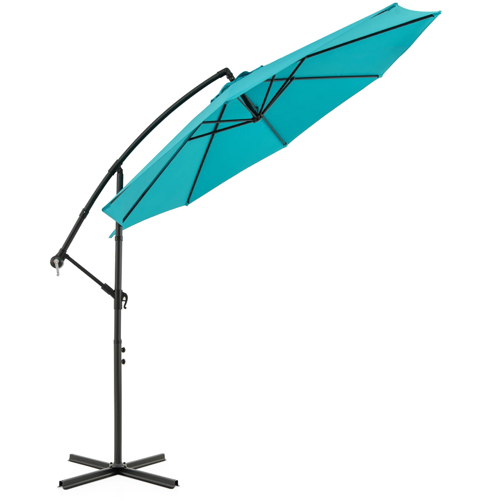 10 Feet Offset Umbrella, 8 Ribs, Cantilever Cross Base, Turquoise - Image 4
