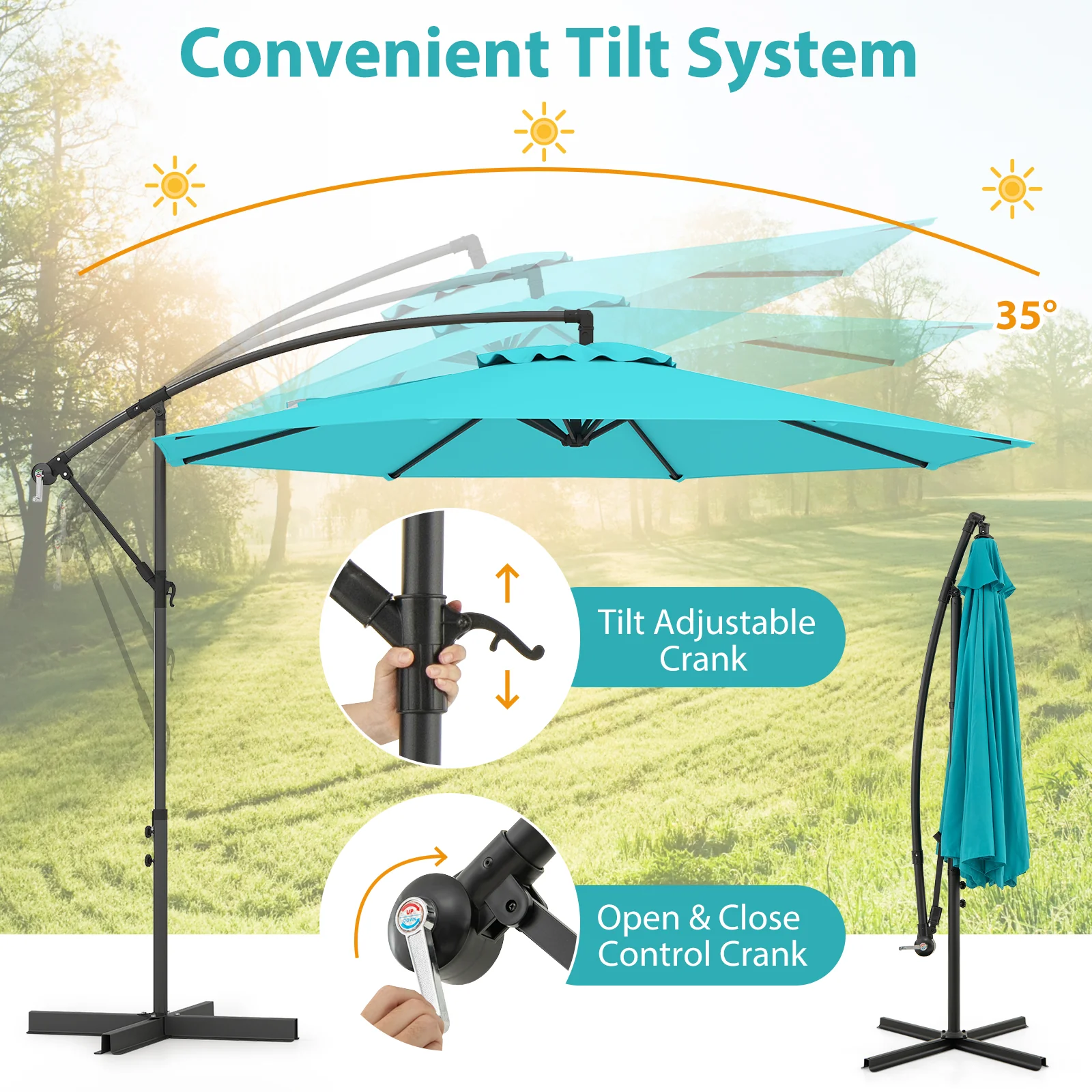 10 Feet Offset Umbrella, 8 Ribs, Cantilever Cross Base, Turquoise - Image 7