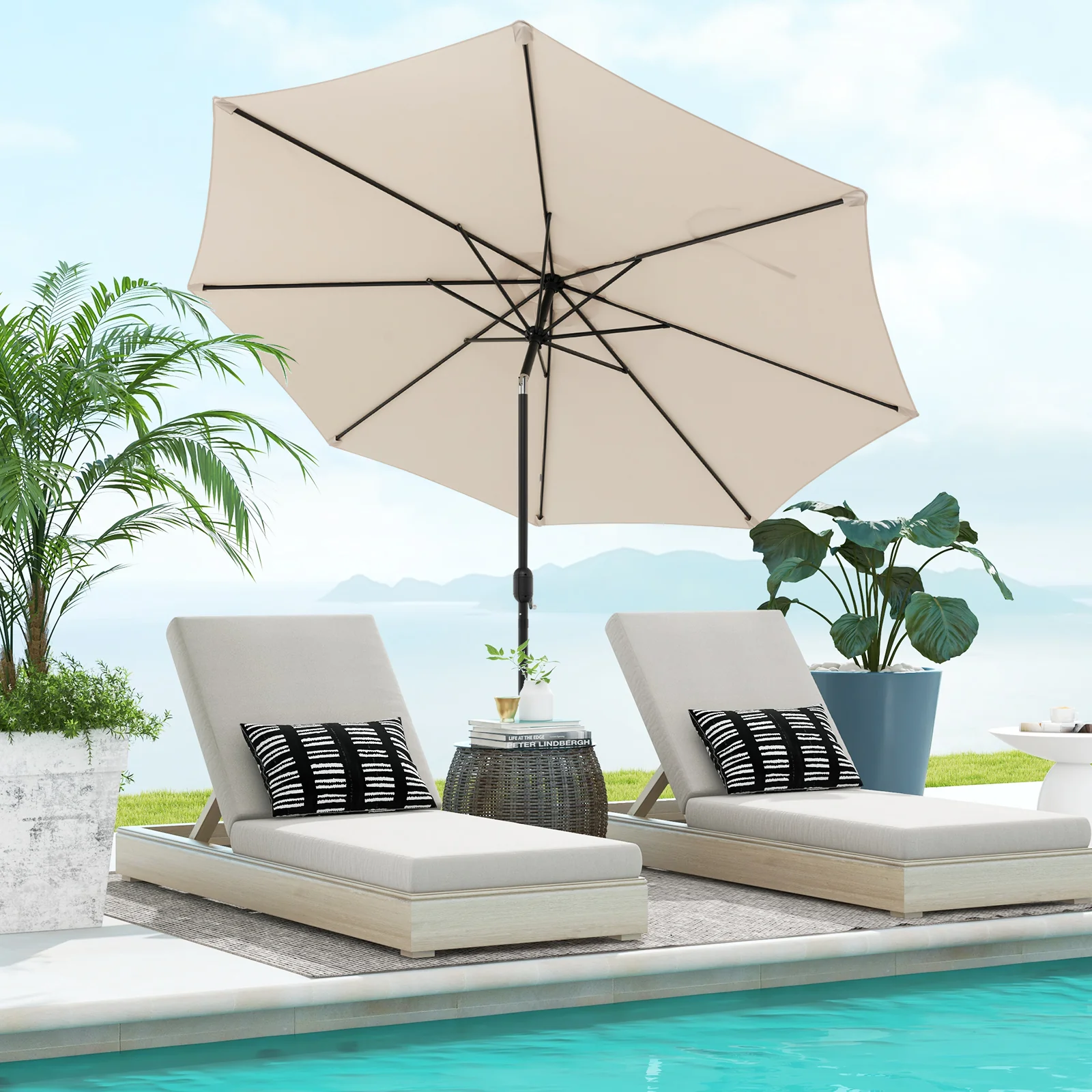 10 Feet Outdoor Patio Umbrella, Tilt Adjustment, Crank, Beige - Image 2