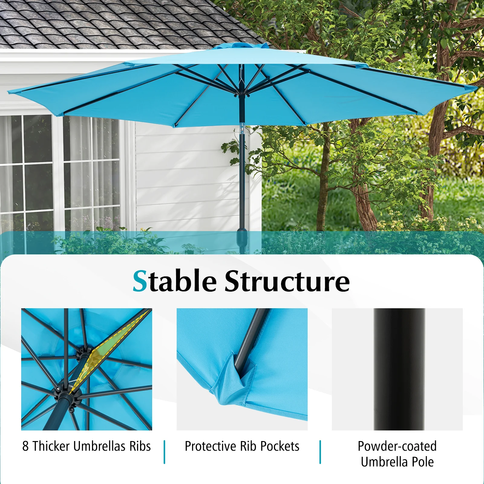 10 Feet Outdoor Patio Umbrella, Tilt Crank, Blue - Image 10