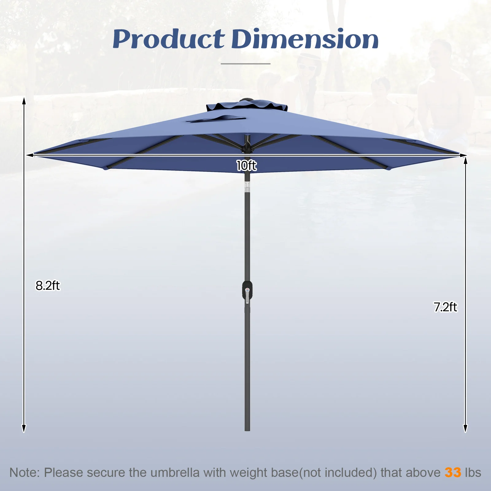 10 Feet Outdoor Patio Umbrella, Tilt Crank, Navy - Image 5