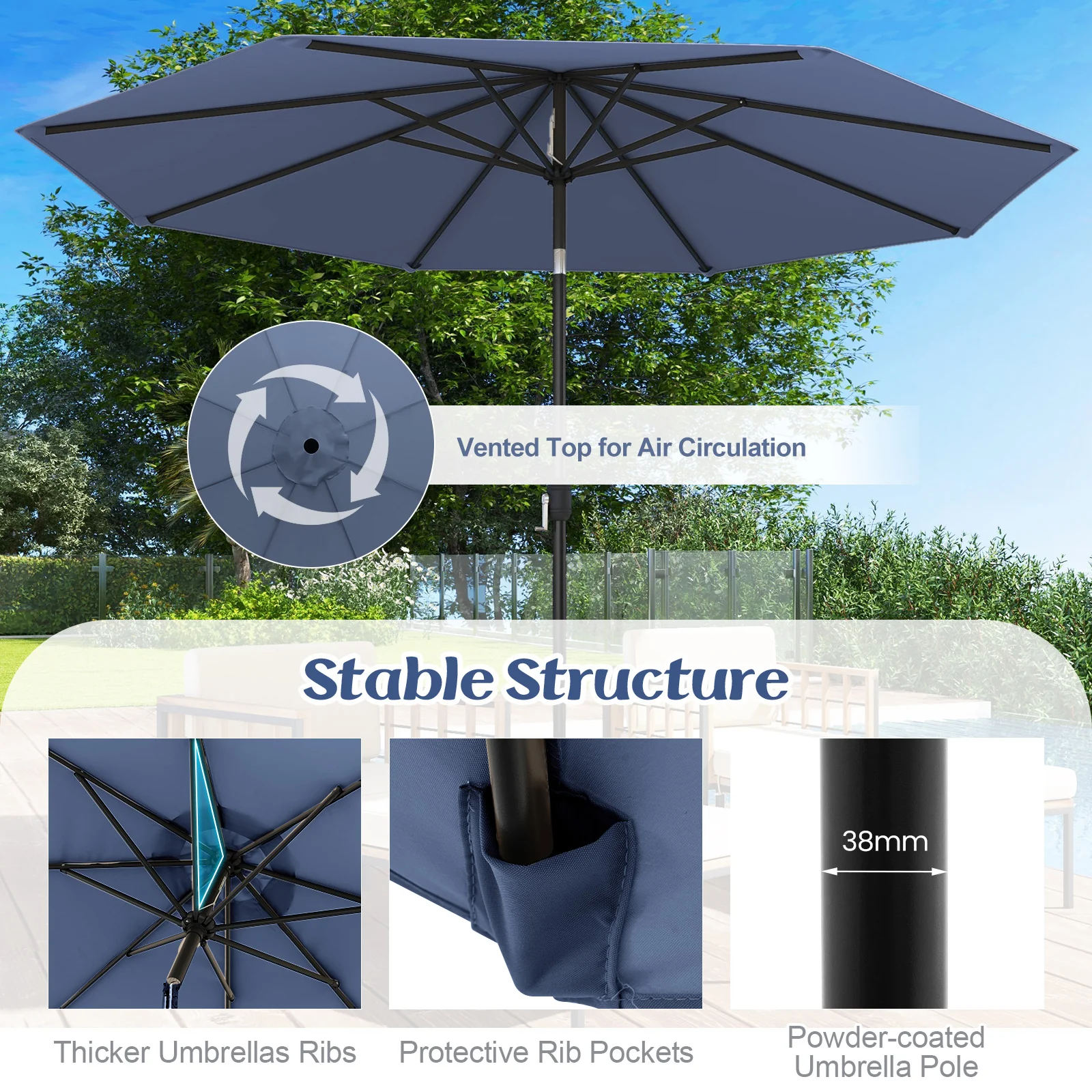 10 Feet Outdoor Patio Umbrella, Tilt Crank, Navy - Image 9